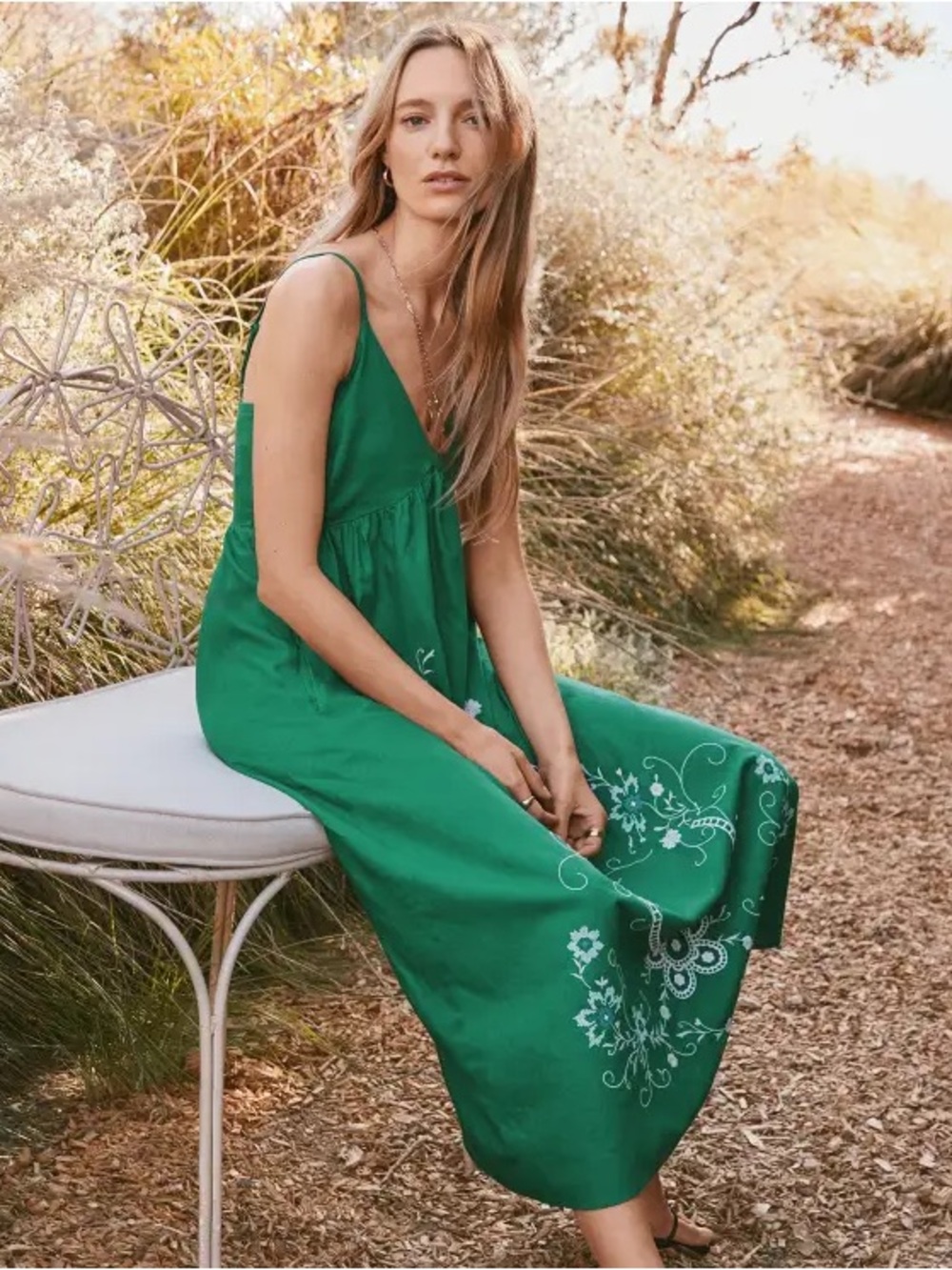 LOFT Green Embroidered Midi Slip Dress